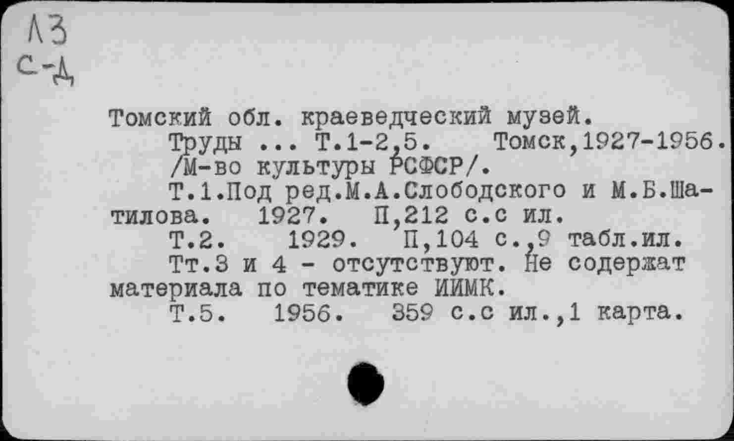 ﻿
Томский обл. краеведческий музей.
Труды ... Т.1-2,5. Томск,1927-1956.
/М-во культуры РСФСР/.
Т.І.Под ред.М.А.Слободского и М.Б.Шатилова. 1927.	11,212 с.с ил.
Т.2.	1929.	11,104 с.,9 табл.ил.
Тт.З и 4 - отсутствуют. Не содержат материала по тематике ИИМК.
Т.5.	1956.	359 с.с ил.,1 карта.